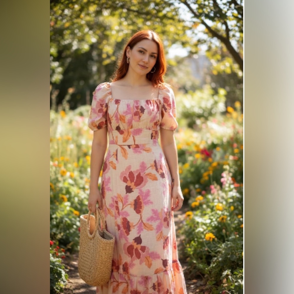 London Times Pink Floral Square-neck Puff Sleeve Empire Waist Midi Dress - Picture 4 of 9